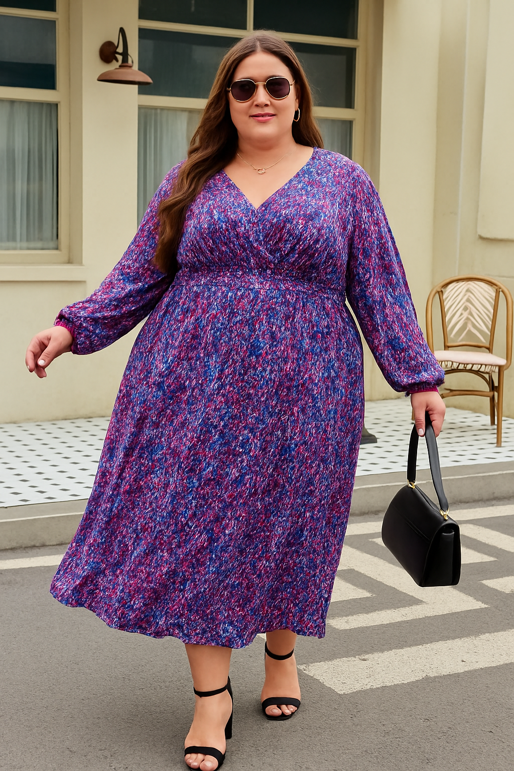 Robe Grande Taille Élégante à Col V et Manches Longues