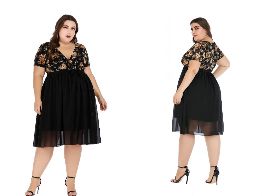 Robe de soirée grande taille à manches courtes – Col V, buste fleuri, jupe fluide