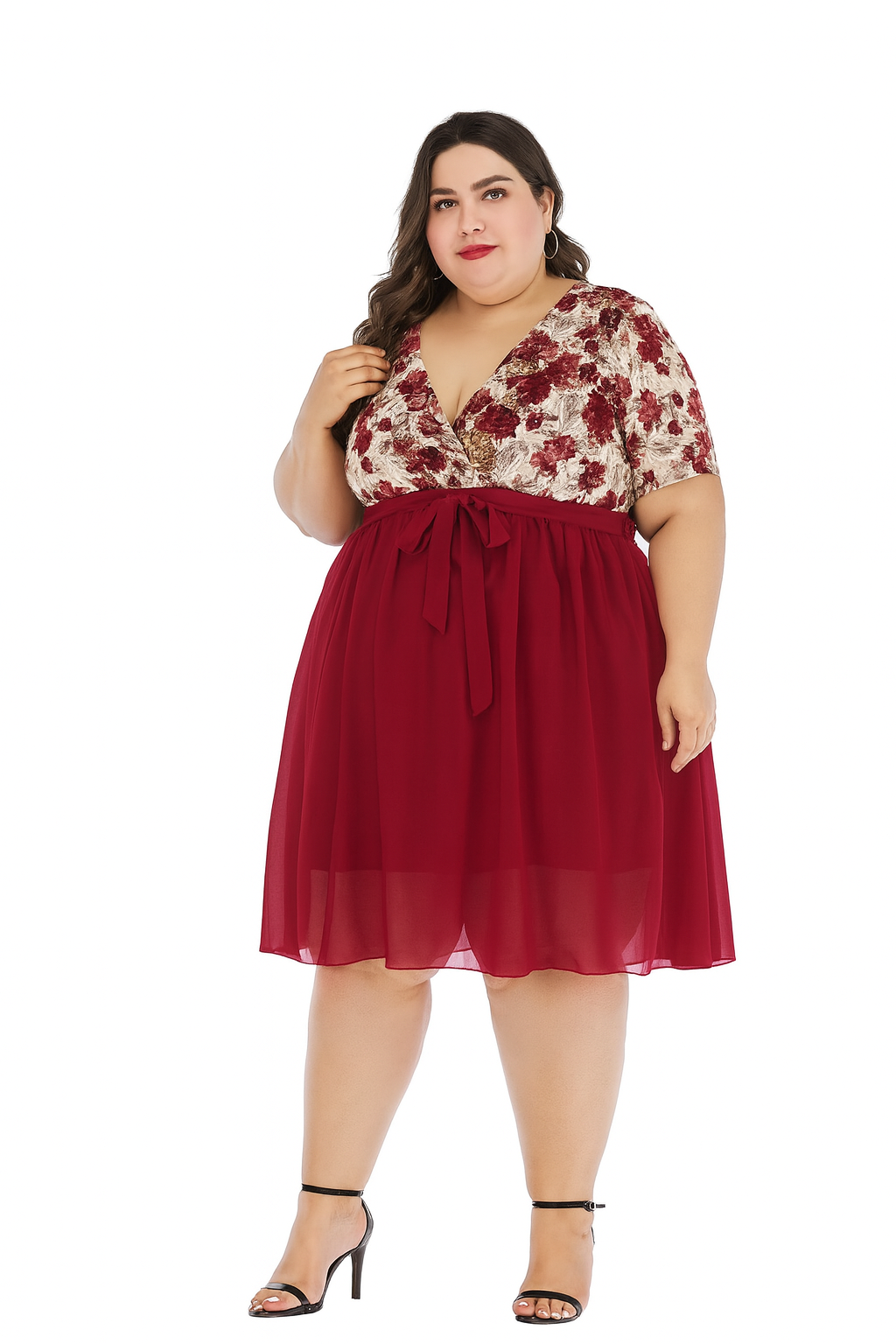 Robe de soirée grande taille à manches courtes – Col V, buste fleuri, jupe fluide