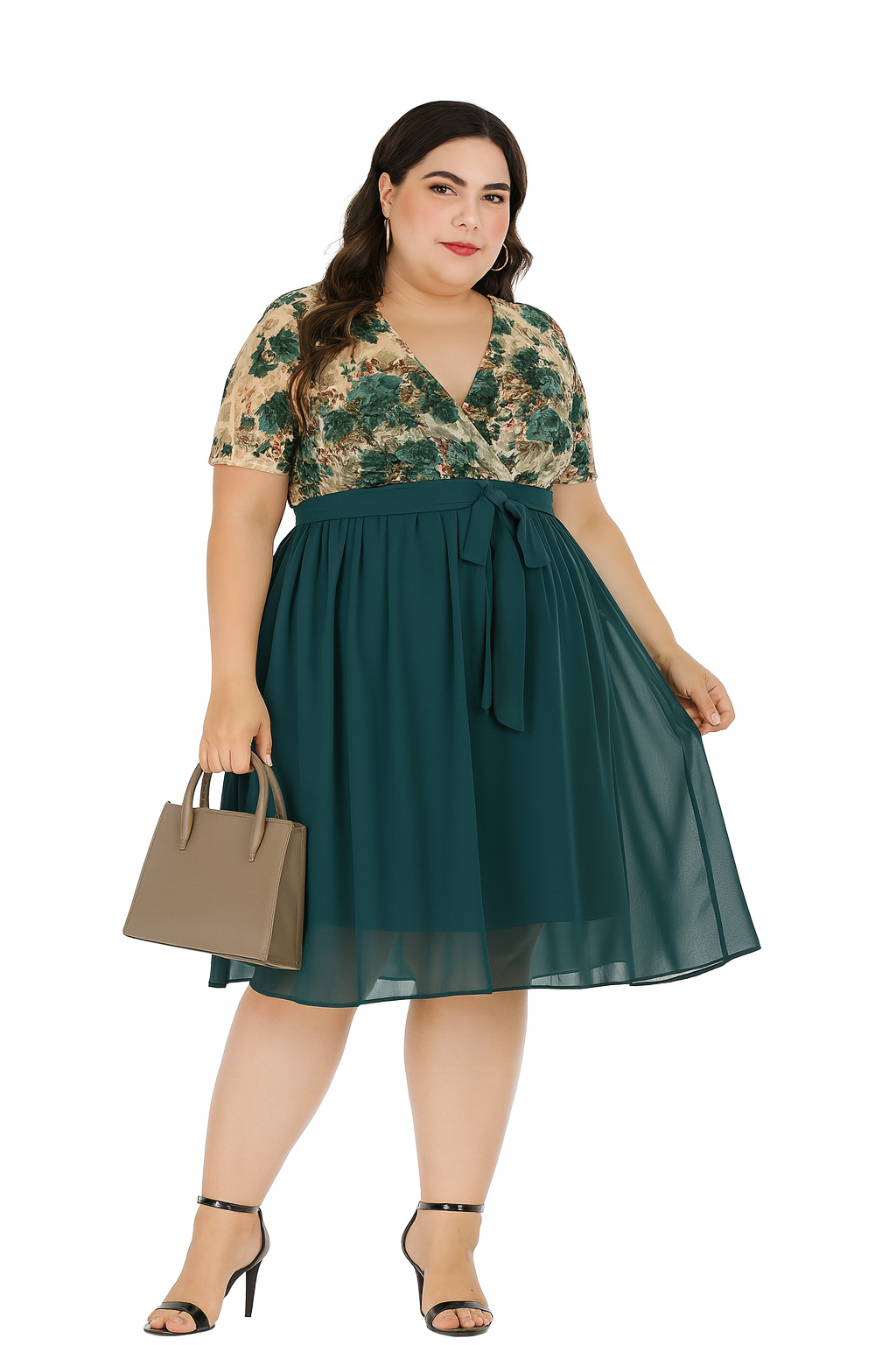 Robe de soirée grande taille à manches courtes – Col V, buste fleuri, jupe fluide