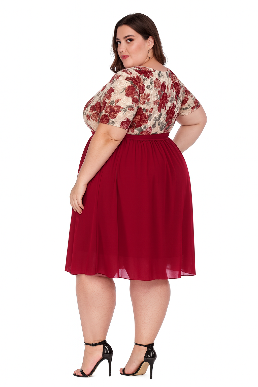 Robe de soirée grande taille à manches courtes – Col V, buste fleuri, jupe fluide